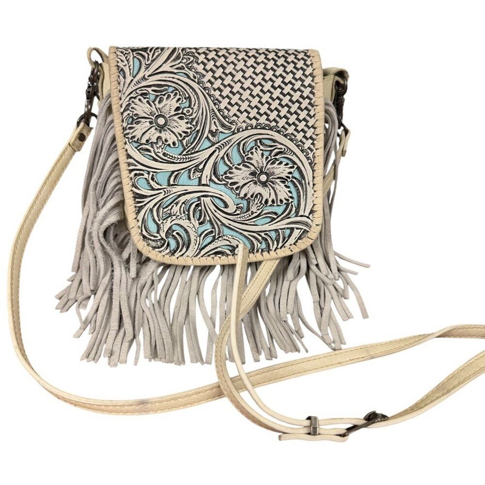 Montana West Ivory Blue Fringe Tooled Western Crossbody Purse Floral Bag Small